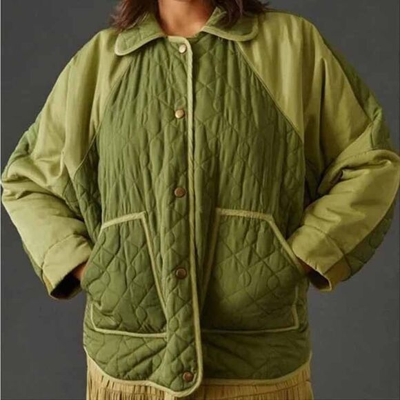 Anthropologie Pilcro Quilted Jacket Sz 1X Olive Green Oversized Cocoon Coat - Picture 2 of 14
